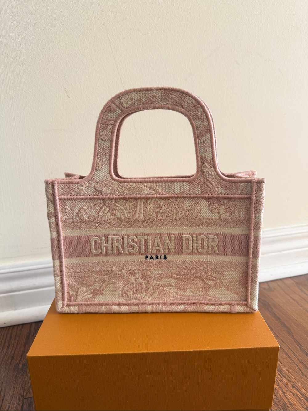 DIOR Mini Book Pink Tote Bag Toile de Jouy Embroidery size 23 cm